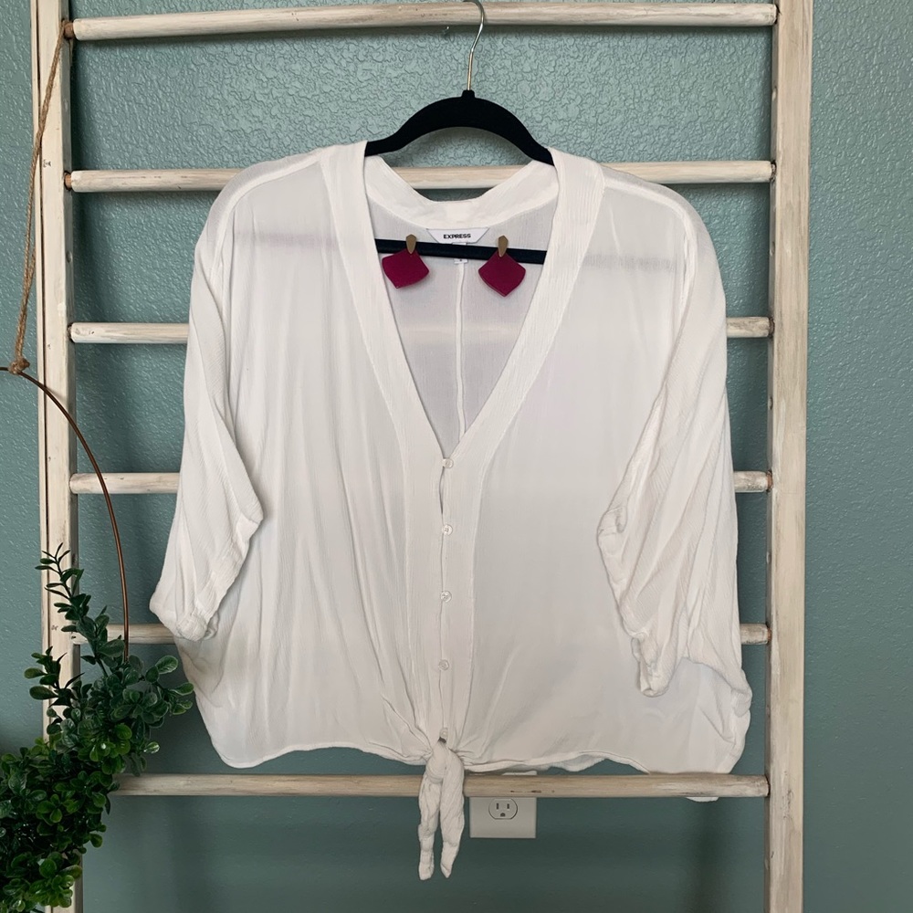 White front tie cropped shirt Express L